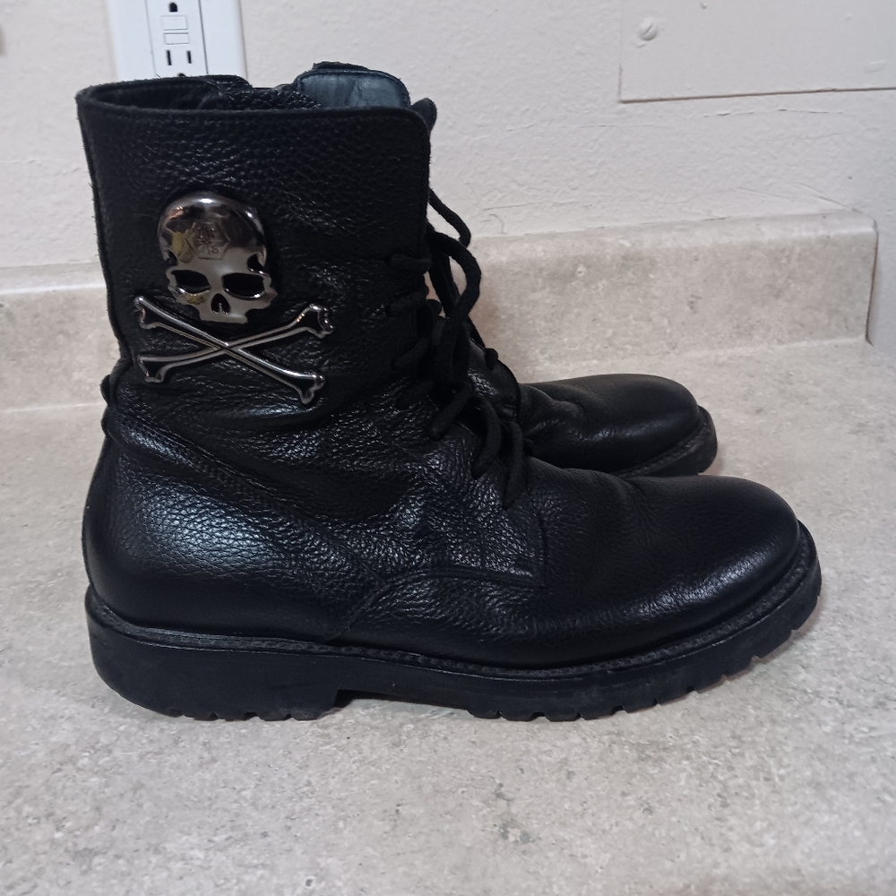 Philipp Plein Leather Boots Big Skull  Cross Bones Lace Up Unisex Sze 41 W9.5/M8